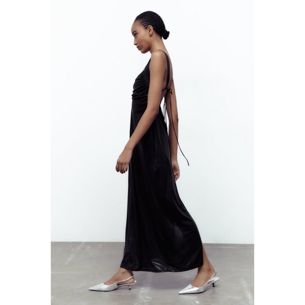 Zara Long Ruched Oil Slick Fabric Maxi Dress with Back Slit in Black